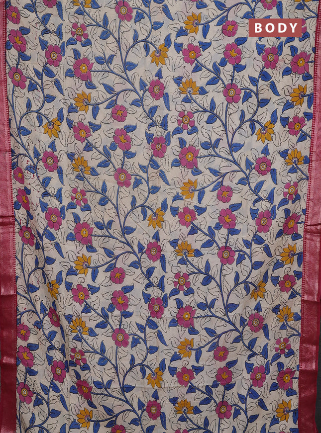 Kalamkari semi silk saree beige and maroon with allover prints and mangalgiri border