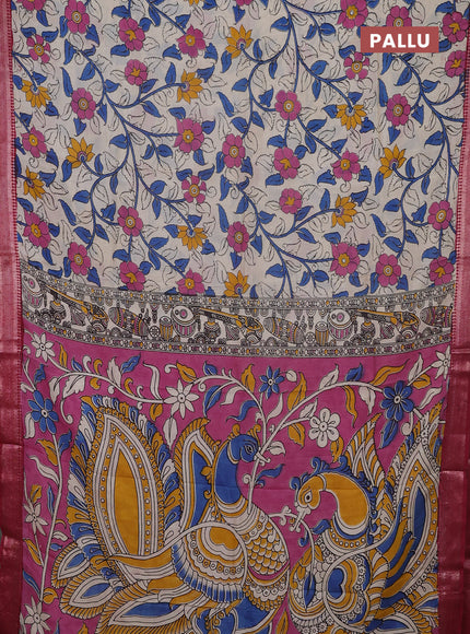 Kalamkari semi silk saree beige and maroon with allover prints and mangalgiri border