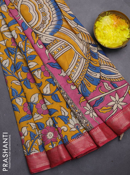 Kalamkari semi silk saree mustard yellow and maroon with allover prints and mangalgiri border