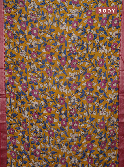 Kalamkari semi silk saree mustard yellow and maroon with allover prints and mangalgiri border