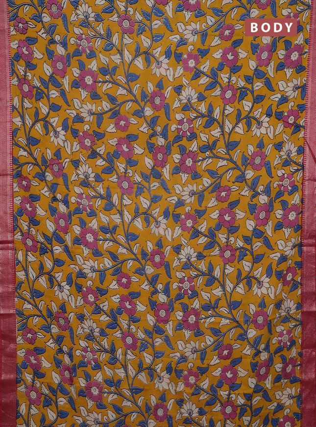 Kalamkari semi silk saree mustard yellow and maroon with allover prints and mangalgiri border
