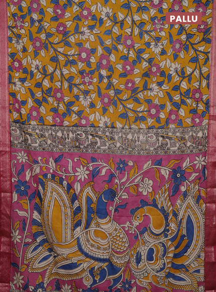Kalamkari semi silk saree mustard yellow and maroon with allover prints and mangalgiri border