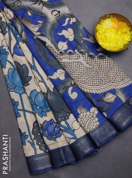Kalamkari semi silk saree beige and blue with allover prints and mangalgiri border