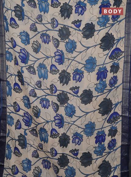 Kalamkari semi silk saree beige and blue with allover prints and mangalgiri border