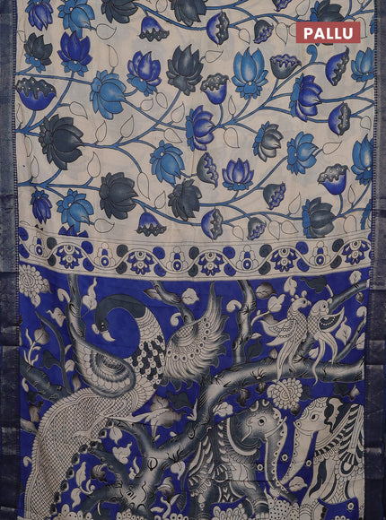 Kalamkari semi silk saree beige and blue with allover prints and mangalgiri border