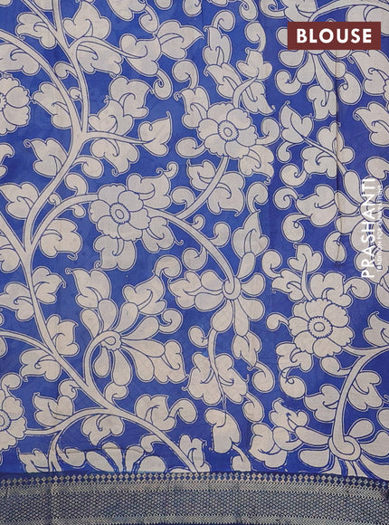 Kalamkari semi silk saree beige and blue with allover prints and mangalgiri border
