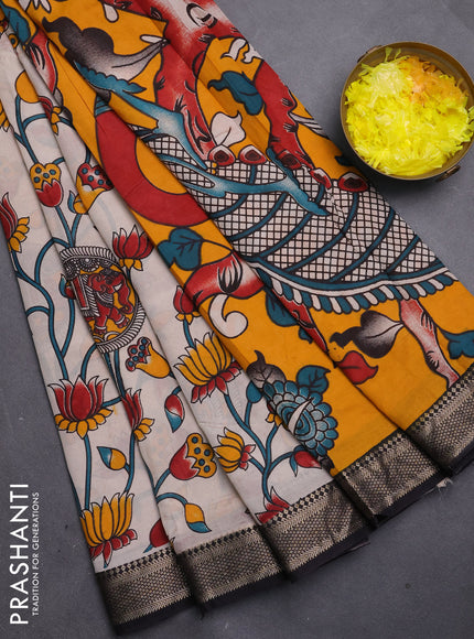 Kalamkari semi silk saree beige and black with allover prints and mangalgiri border