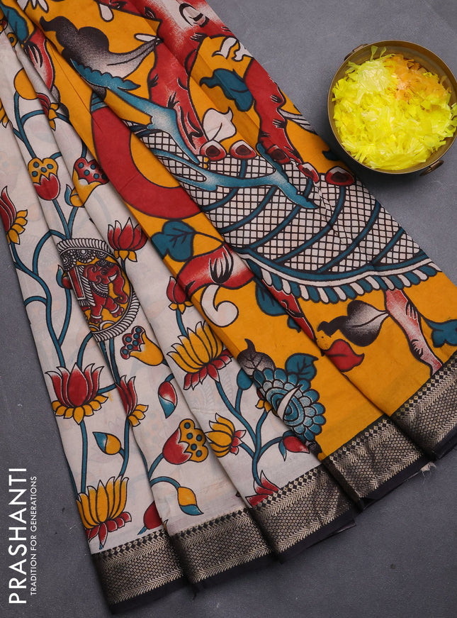 Kalamkari semi silk saree beige and black with allover prints and mangalgiri border