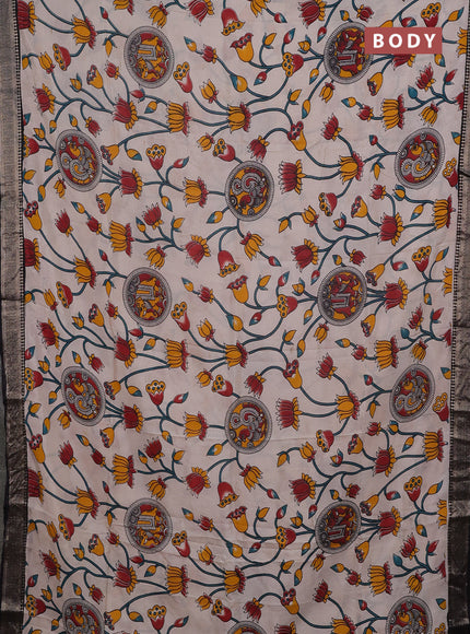 Kalamkari semi silk saree beige and black with allover prints and mangalgiri border