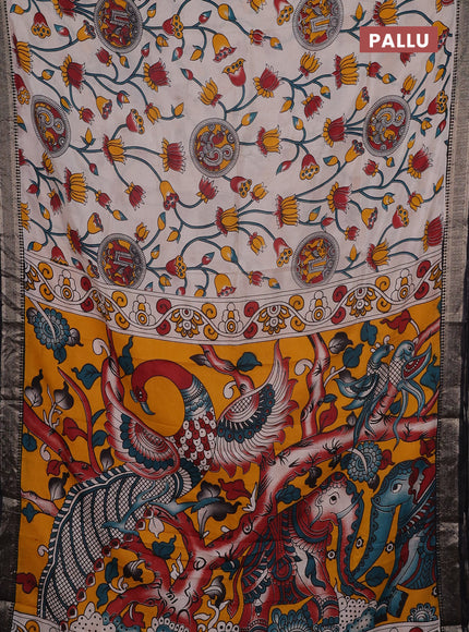 Kalamkari semi silk saree beige and black with allover prints and mangalgiri border