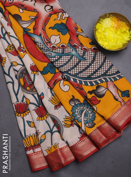 Kalamkari semi silk saree beige and maroon with allover prints and mangalgiri border