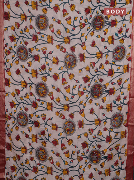 Kalamkari semi silk saree beige and maroon with allover prints and mangalgiri border