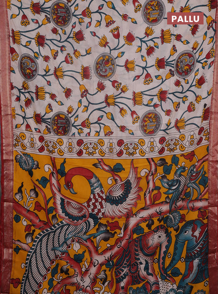 Kalamkari semi silk saree beige and maroon with allover prints and mangalgiri border