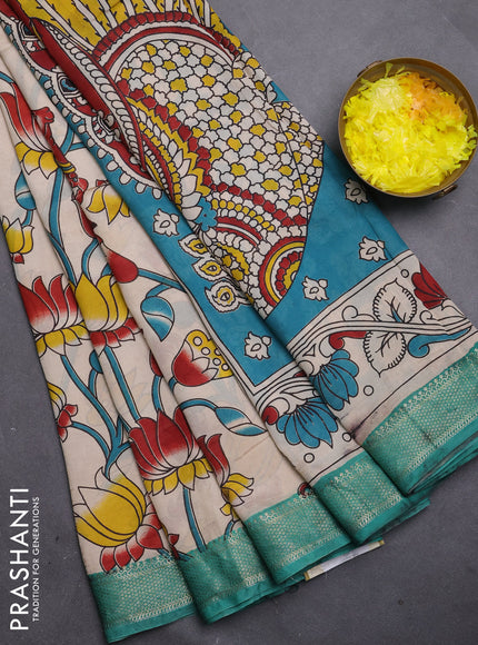 Kalamkari semi silk saree beige and teal green with allover prints and mangalgiri border