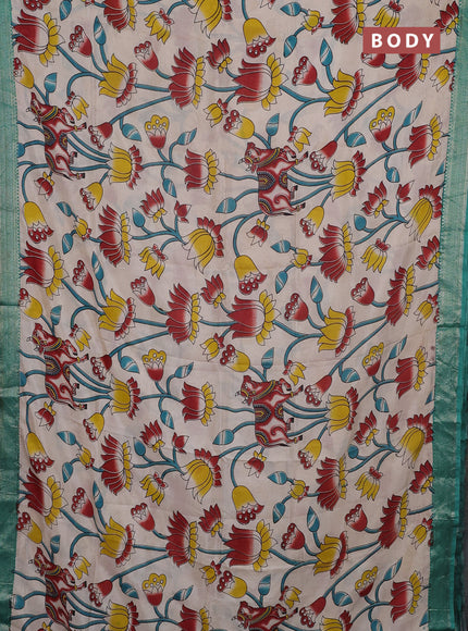 Kalamkari semi silk saree beige and teal green with allover prints and mangalgiri border
