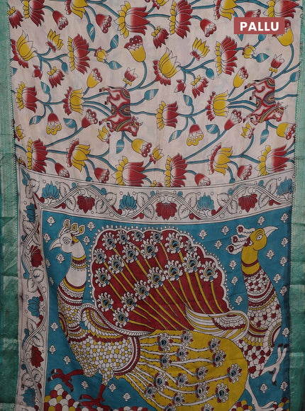 Kalamkari semi silk saree beige and teal green with allover prints and mangalgiri border