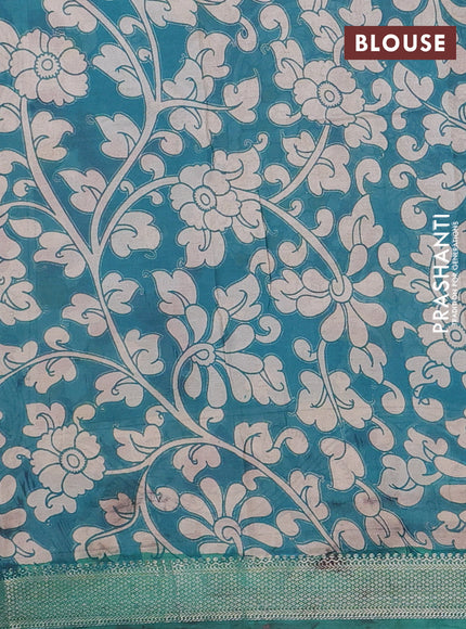 Kalamkari semi silk saree beige and teal green with allover prints and mangalgiri border