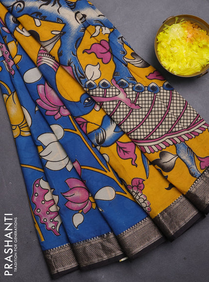 Kalamkari semi silk saree cs blue and black with allover prints and mangalgiri border
