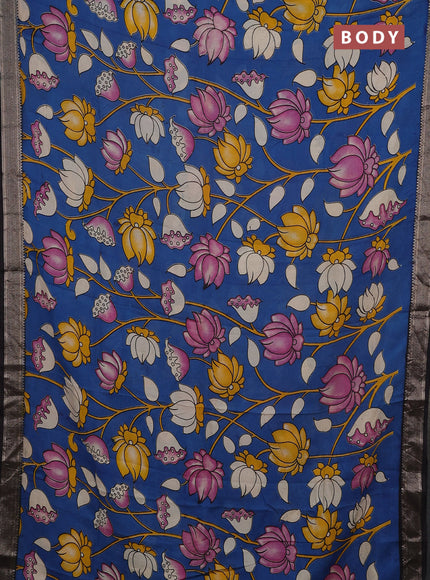 Kalamkari semi silk saree cs blue and black with allover prints and mangalgiri border