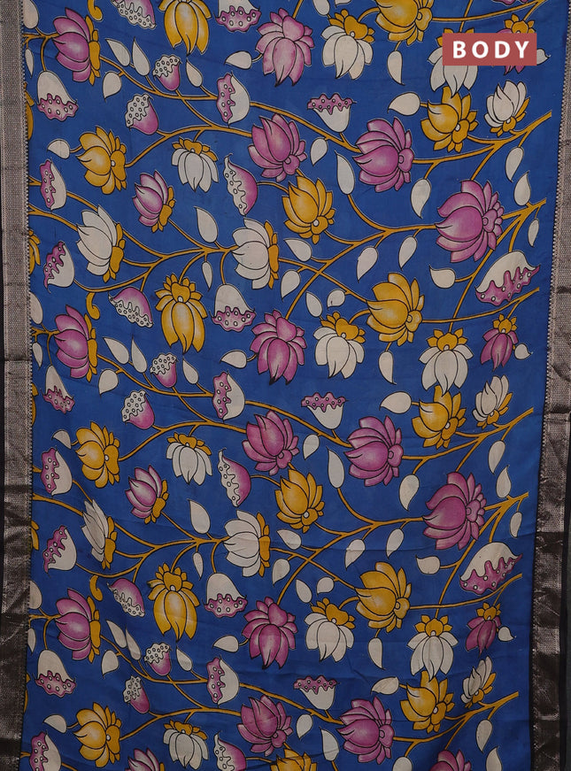 Kalamkari semi silk saree cs blue and black with allover prints and mangalgiri border