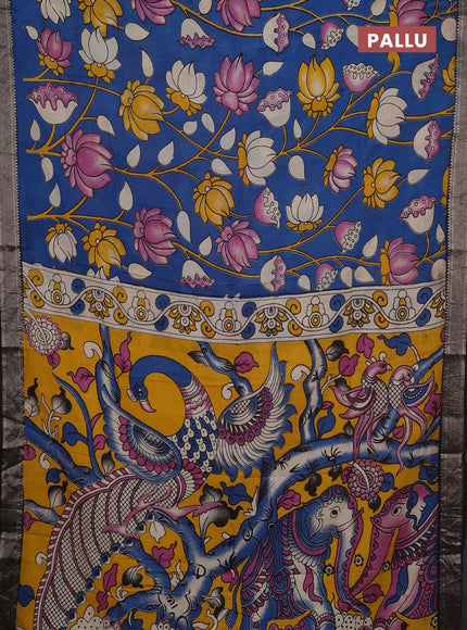 Kalamkari semi silk saree cs blue and black with allover prints and mangalgiri border
