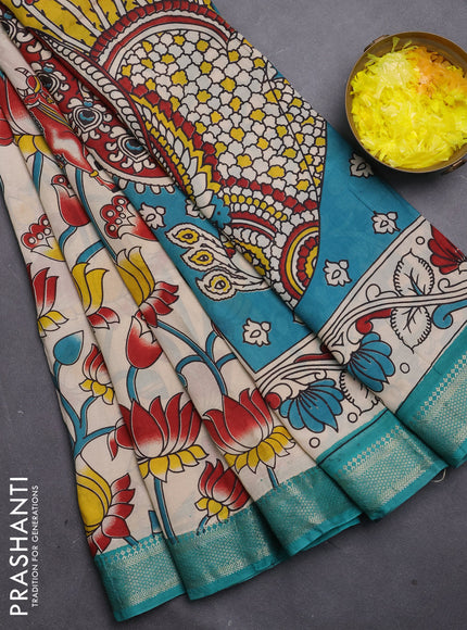 Kalamkari semi silk saree beige and teal green with allover pichwai prints and mangalgiri border
