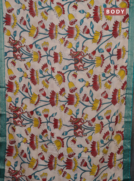 Kalamkari semi silk saree beige and teal green with allover pichwai prints and mangalgiri border
