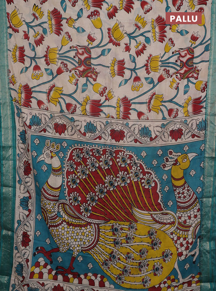 Kalamkari semi silk saree beige and teal green with allover pichwai prints and mangalgiri border