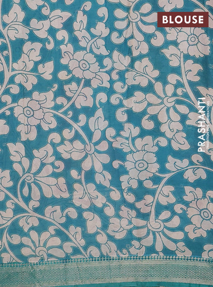 Kalamkari semi silk saree beige and teal green with allover pichwai prints and mangalgiri border