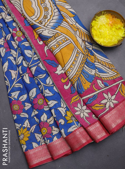 Kalamkari semi silk saree cs blue and maroon with allover prints and mangalgiri border