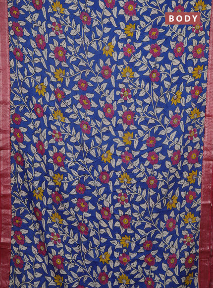 Kalamkari semi silk saree cs blue and maroon with allover prints and mangalgiri border