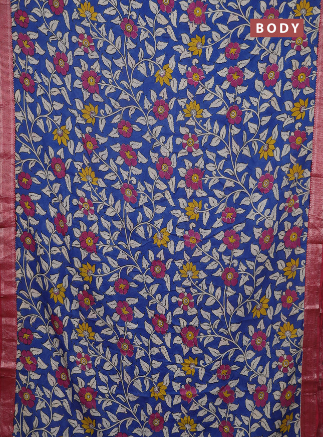 Kalamkari semi silk saree cs blue and maroon with allover prints and mangalgiri border