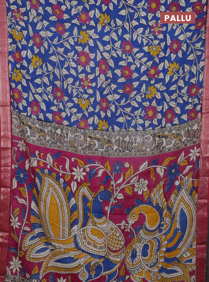 Kalamkari semi silk saree cs blue and maroon with allover prints and mangalgiri border