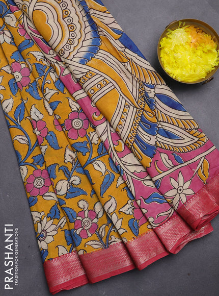 Kalamkari semi silk saree mustard yellow and maroon with allover prints and mangalgiri border
