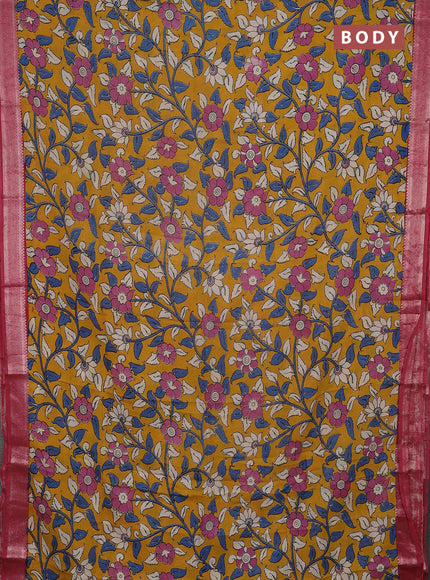 Kalamkari semi silk saree mustard yellow and maroon with allover prints and mangalgiri border