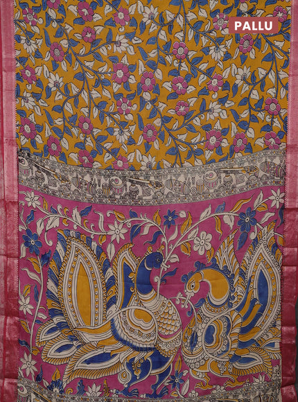 Kalamkari semi silk saree mustard yellow and maroon with allover prints and mangalgiri border