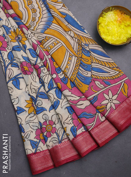 Kalamkari semi silk saree beige and maroon with allover prints and mangalgiri border