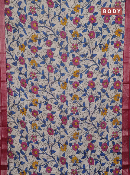 Kalamkari semi silk saree beige and maroon with allover prints and mangalgiri border
