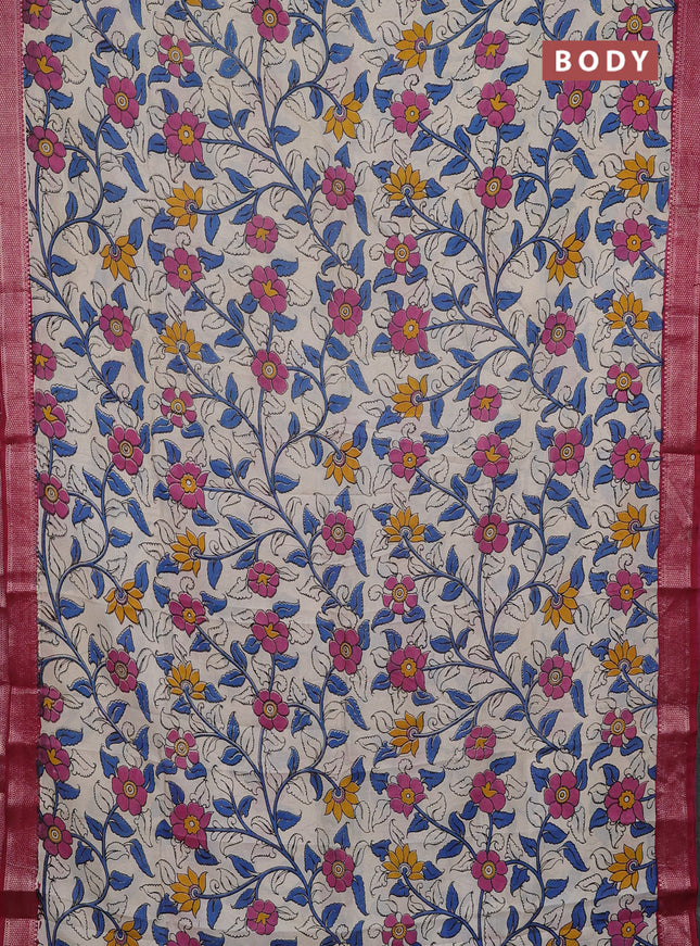Kalamkari semi silk saree beige and maroon with allover prints and mangalgiri border