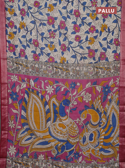 Kalamkari semi silk saree beige and maroon with allover prints and mangalgiri border