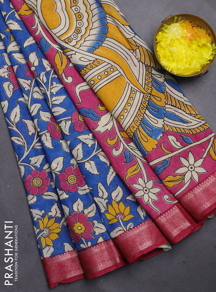 Kalamkari semi silk saree cs blue and maroon with allover prints and mangalgiri border