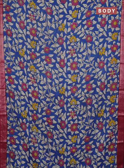 Kalamkari semi silk saree cs blue and maroon with allover prints and mangalgiri border
