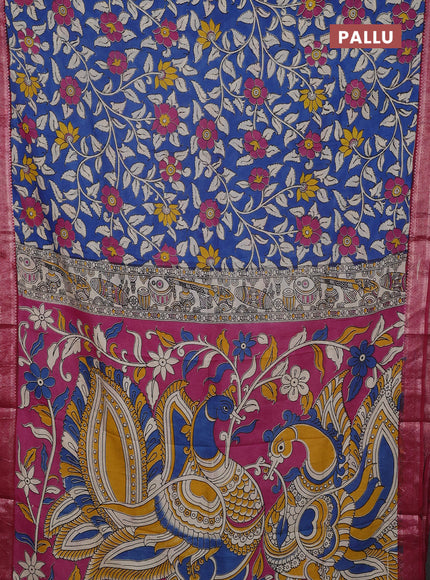 Kalamkari semi silk saree cs blue and maroon with allover prints and mangalgiri border