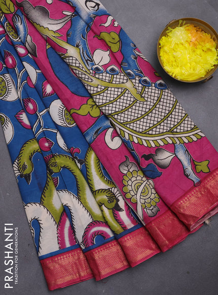 Kalamkari semi silk saree peacock blue and pink with allover prints and mangalgiri border
