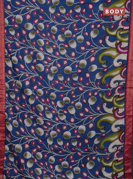 Kalamkari semi silk saree peacock blue and pink with allover prints and mangalgiri border