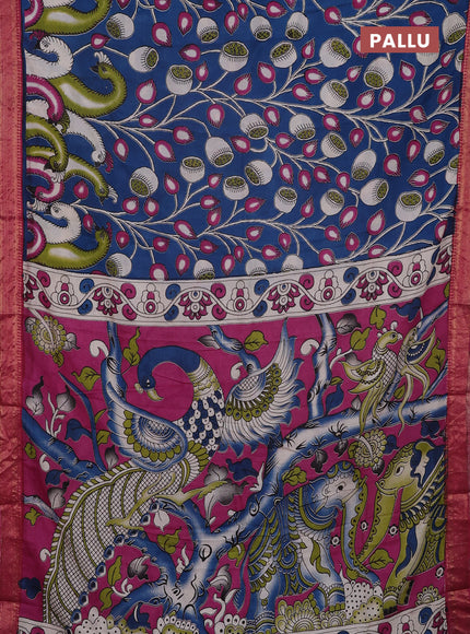 Kalamkari semi silk saree peacock blue and pink with allover prints and mangalgiri border