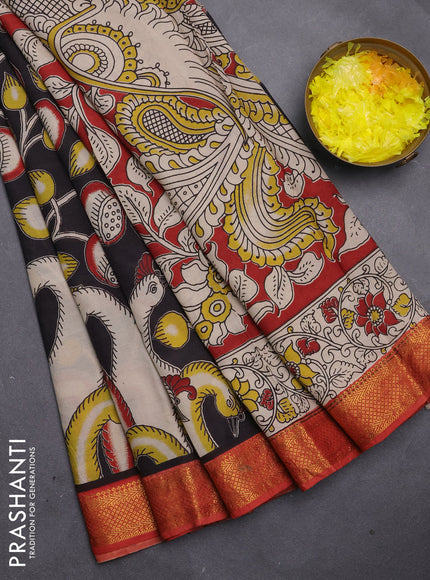 Kalamkari semi silk saree black and rustic orange with allover prints and mangalgiri border