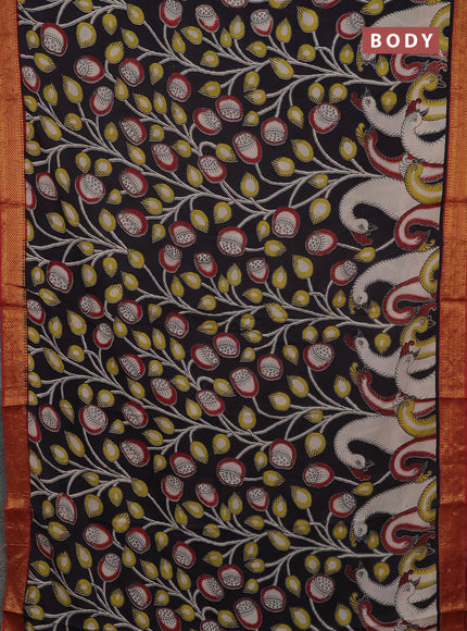 Kalamkari semi silk saree black and rustic orange with allover prints and mangalgiri border