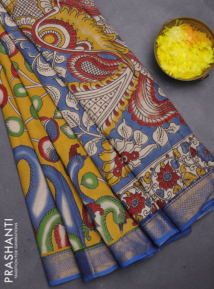 Kalamkari semi silk saree mustard yellow and blue with allover prints and mangalgiri border