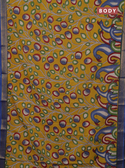 Kalamkari semi silk saree mustard yellow and blue with allover prints and mangalgiri border
